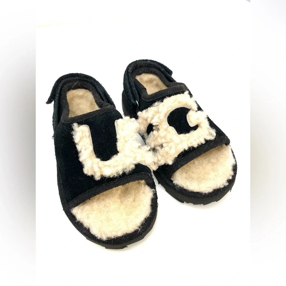 UGG Australia Toddler Black/Tan Fluff Yeah Open Toe Slide